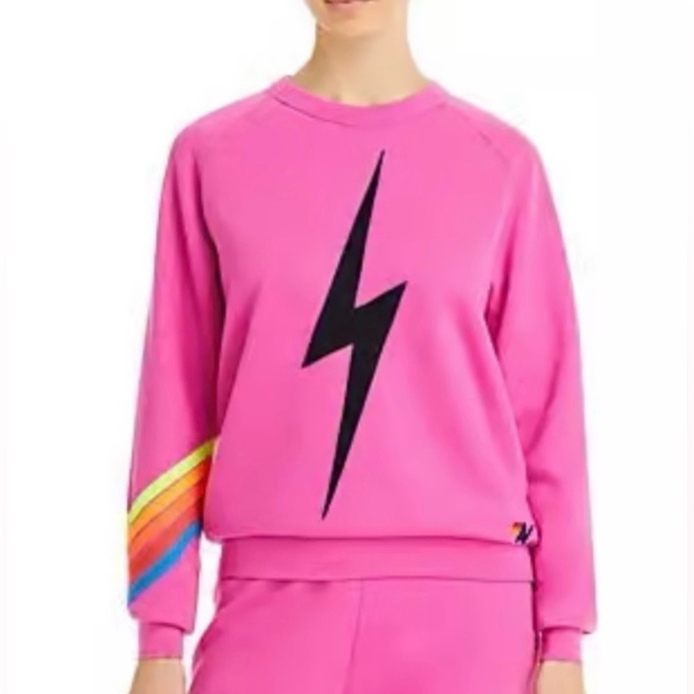 Aviator Nation Pink Lightning Bolt Sweatshirt With Rainbow Sleeve Stripes